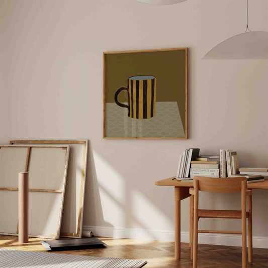 'Sunshine Sips' Yellow Stripe Mug in Square Frame Framed Art Print | Atollo Printshop