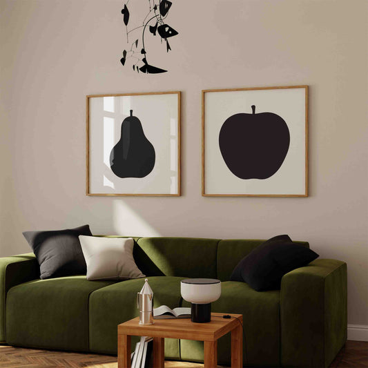 Enzo Mari – Black And White Apple And Pear Set Framed Art Print | Atollo Printshop