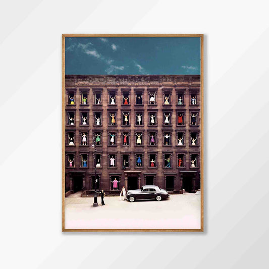 Girls In Window Poster by Ormond Gigli in Tasmanian Oak Frame | Atollo Printshop