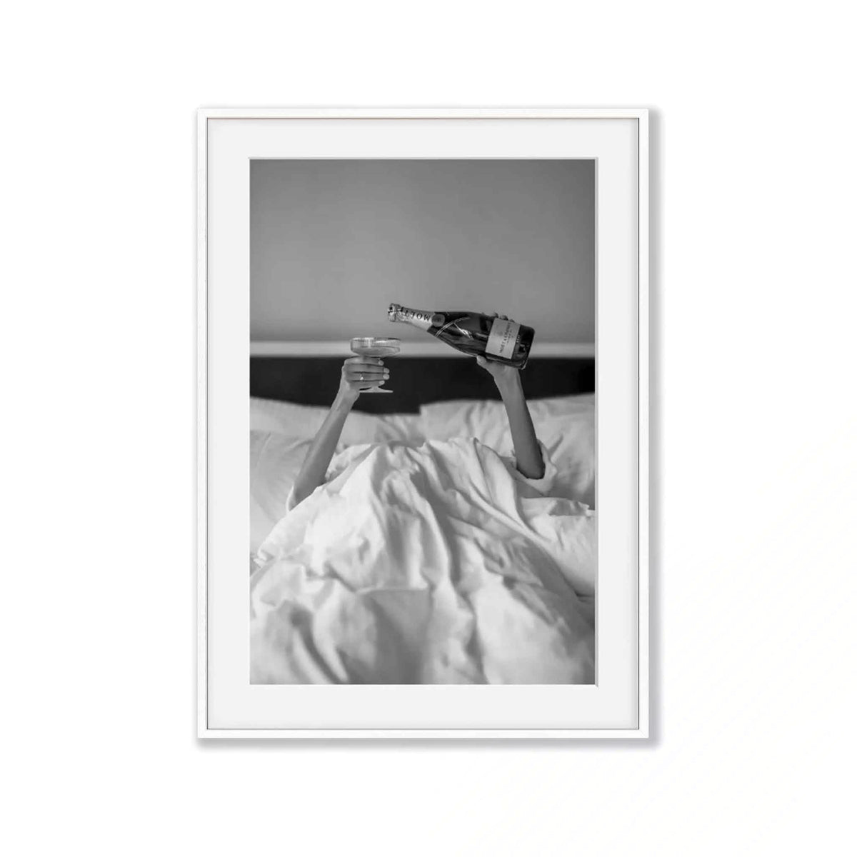 Moet In Bed in Matte White Frame | Atollo Printshop
