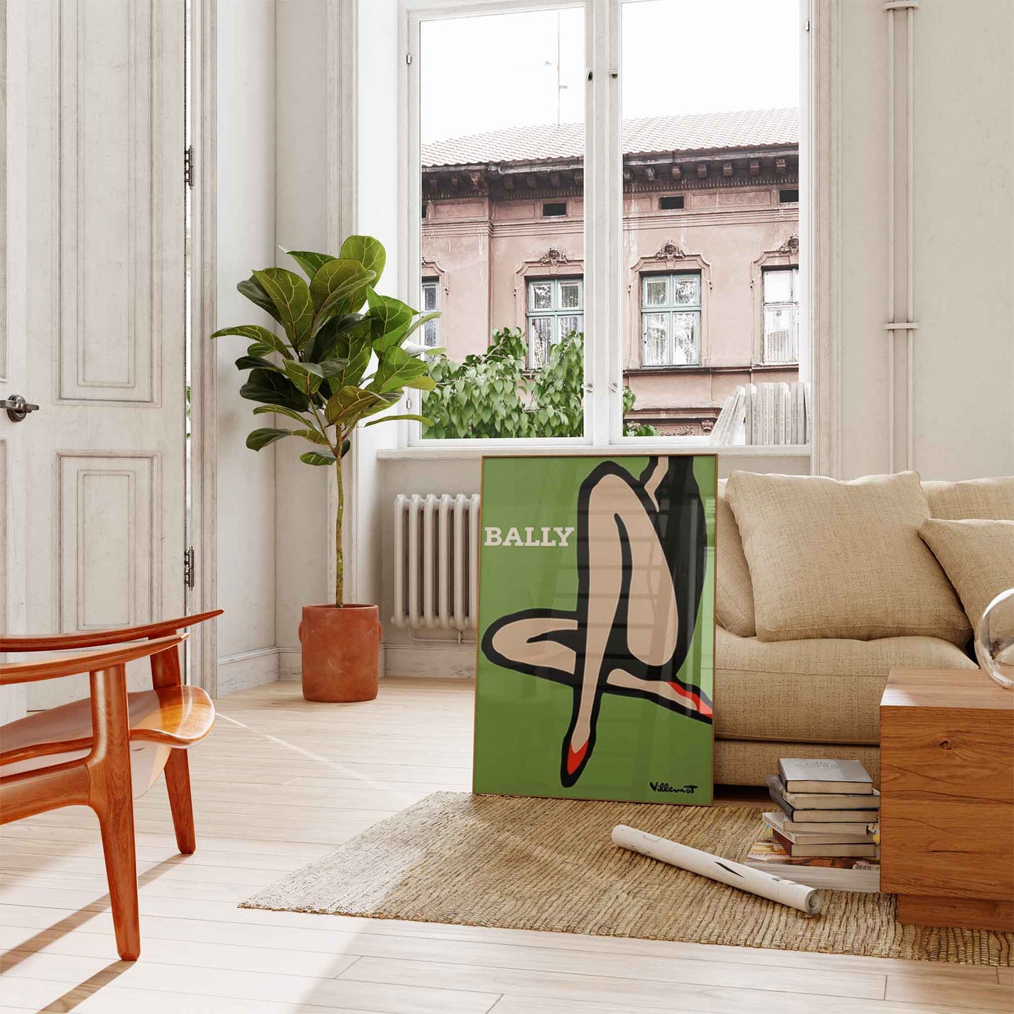 Green Legs for Bally by Bernard Villemot art print displayed in a room setting | Atollo Printshop