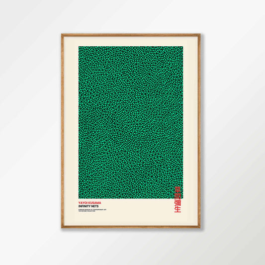Yayoi Kusama – Infinity Nets Green in Tasmanian Oak Frame | Atollo Printshop