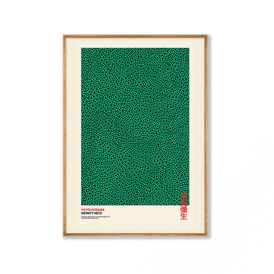 Yayoi Kusama – Infinity Nets Green in Tasmanian Oak Frame | Atollo Printshop