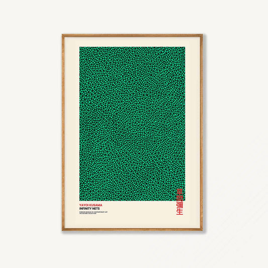 Yayoi Kusama – Infinity Nets Green in Tasmanian Oak Frame | Atollo Printshop
