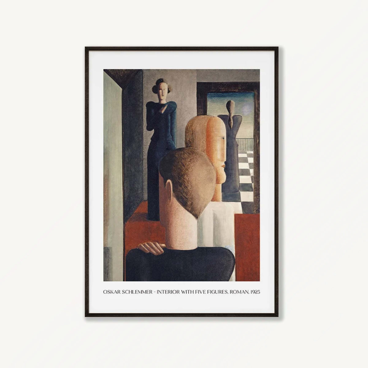 Interior with Five Figures by Oskar Schlemmer art print displayed in a room setting | Atollo Printshop