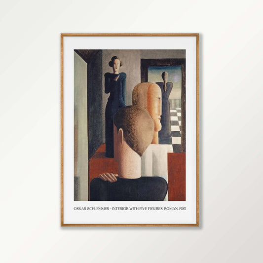 Interior with Five Figures by Oskar Schlemmer art print displayed in a room setting | Atollo Printshop