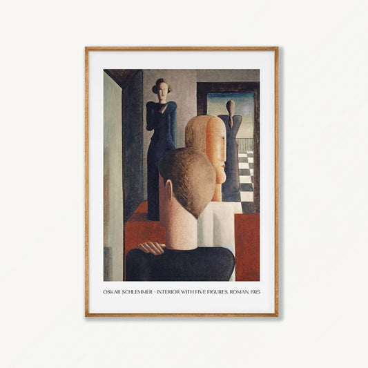 Interior with Five Figures by Oskar Schlemmer art print displayed in a room setting | Atollo Printshop