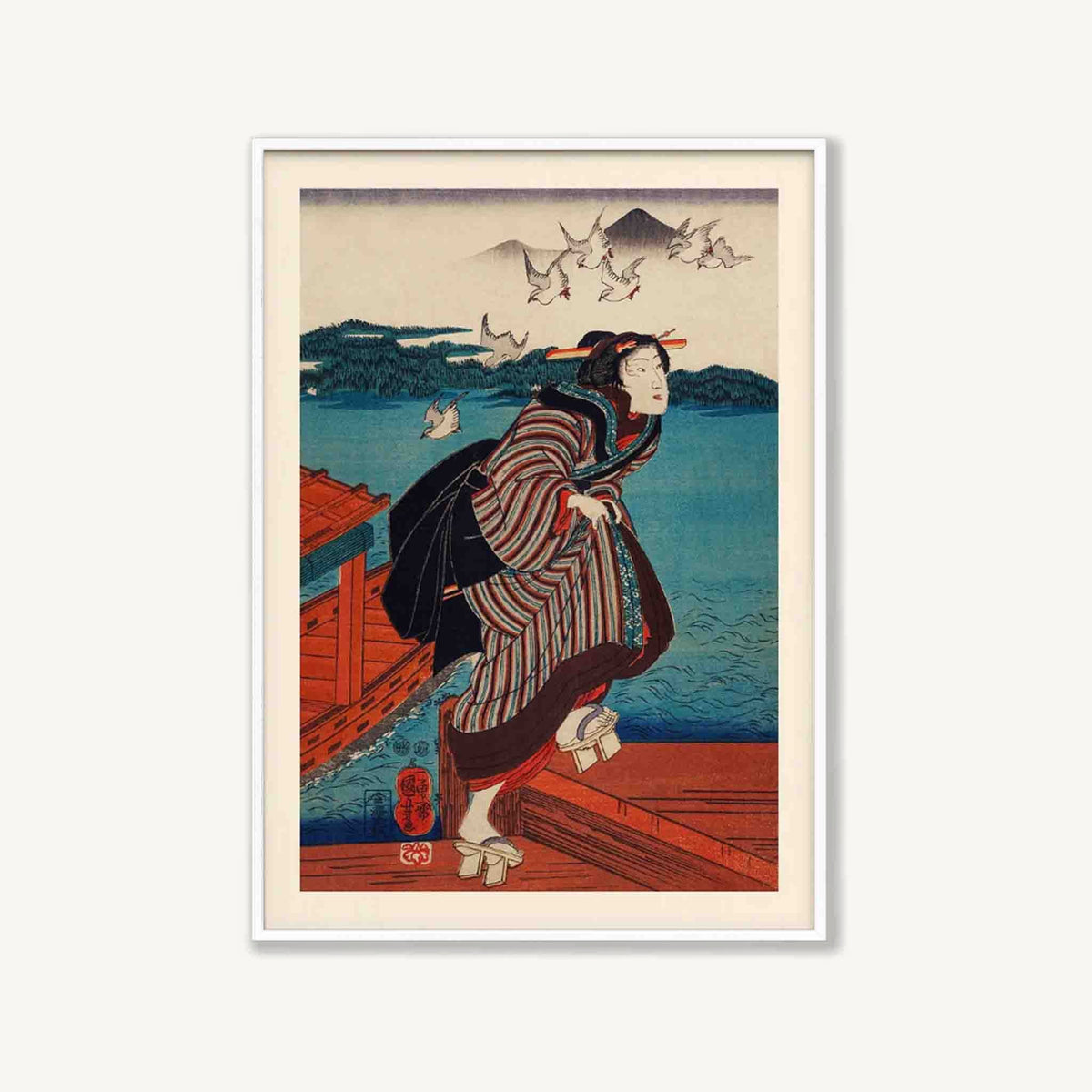 Japanese Woodblock Man in Matte White Frame | Atollo Printshop