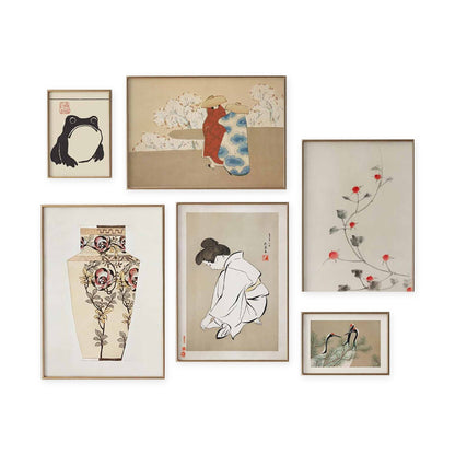 Japanese Neutral Tones Gallery Wall set of 6 framed prints on white background